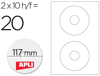 ETIQUETAS ADESIVAS APLI 10603 FORMATO CD-ROM 117 MM -FOTOCOPIADORA TINTEIRO CAIXA COM 10 FOLHAS/20 ETIQUETAS
