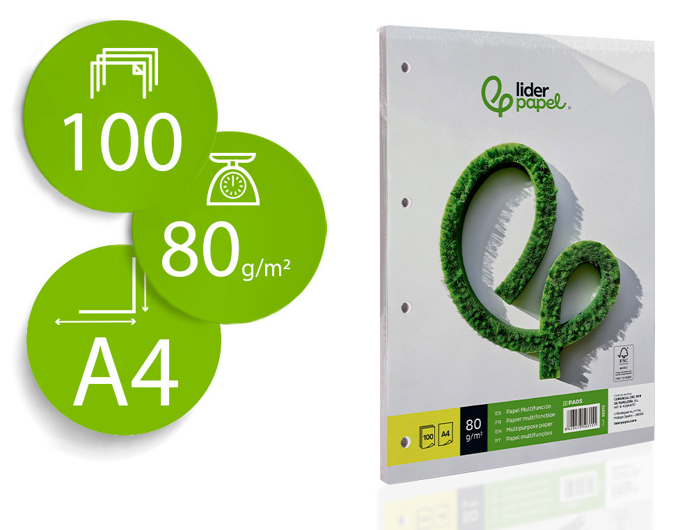 PAPEL LIDERPAPEL DIN A4 80 GR LISO 4 FUROS EMBALAGEM DE 100 FOLHAS