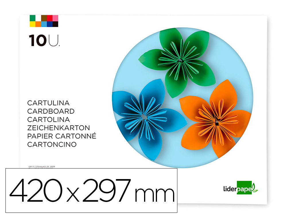 BLOCO TRABALHOS MANUAIS LIDERPAPEL CARTOLINA DIN A3 10 FOLHAS 180 GR CORES SORTIDAS