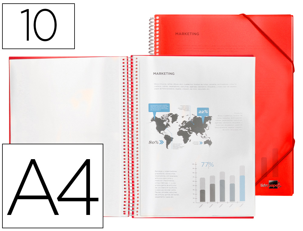 CAPA CATALOGO LIDERPAPEL COM ESPIRAL 10 BOLSAS POLIPROPILENO DIN A4 VERMELHO