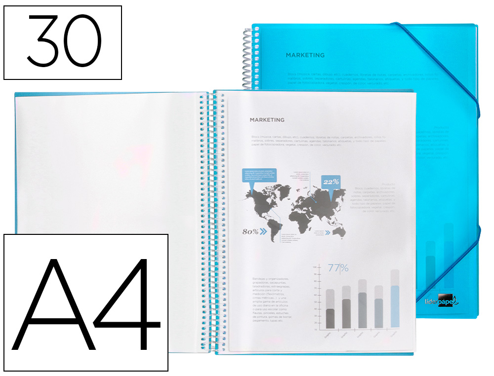 CAPA CATALOGO LIDERPAPEL COM ESPIRAL 30 BOLSAS POLIPROPILENO DIN A4 AZUL