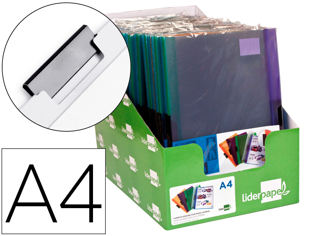 BOLSA DOSSIER LIDERPAPEL COM CLIP LATERAL DIN A4 PACK DE 4 CORES SORTIDAS 30 FOLHAS