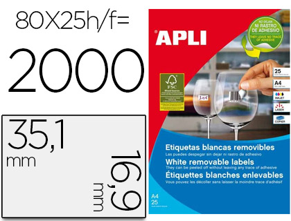 ETIQUETAS ADESIVAS APLI 35,6X16,9 MM FOTOCOPIADORA LASER TINTEIRO CAIXA 25 FOLHAS DIN A4 COM 2000 ETIQUETAS