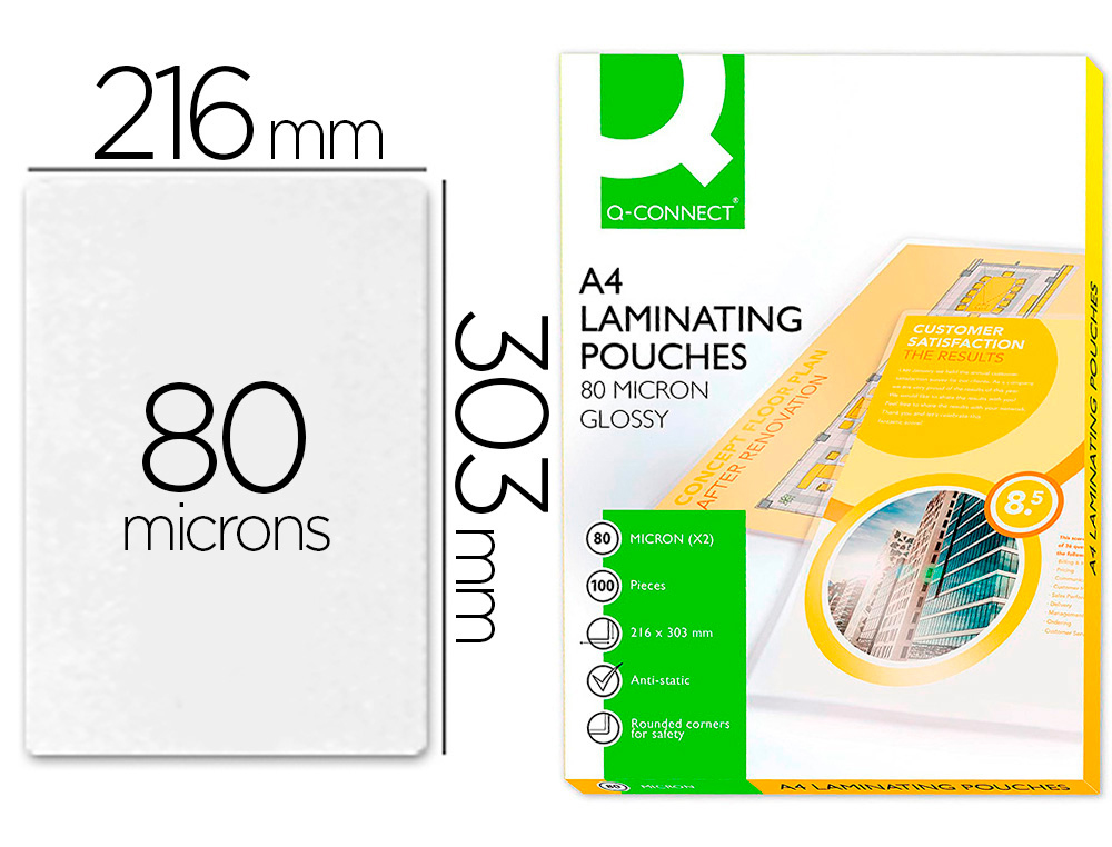 BOLSA DE PLASTIFICAR Q-CONNECT 303 X 216 MM 80 MICRONS DIN A4 CAIXA DE 100 UNIDADES