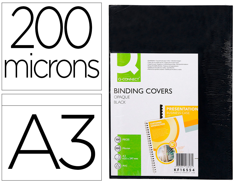 CAPA DE ENCADERNACAO Q-CONNECT PVC DIN A3 OPACA PRETA 200 MICRONS PACK DE 100 UNIDADES