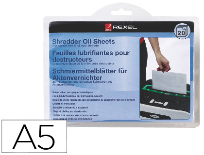 FOLHAS LUBRICANTES REXEL PARA DESTRUIDORA EMBALAGEM DE 20 FOLHAS FORMATO A5