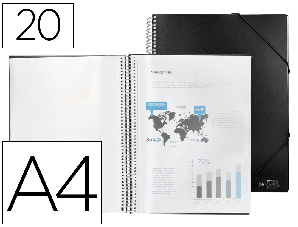 CAPA CATALOGO LIDERPAPEL COM ESPIRAL 20 BOLSAS POLIPROPILENO DIN A4 PRETO