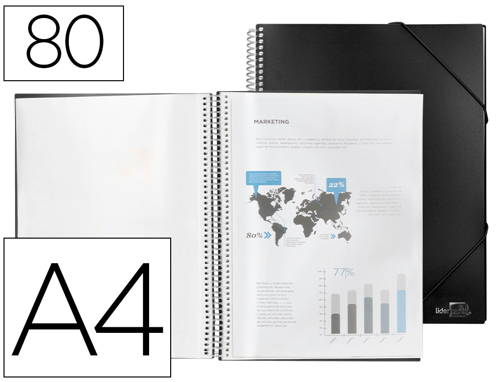 CAPA CATALOGO LIDERPAPEL COM ESPIRAL 80 BOLSAS POLIPROPILENO DIN A4 PRETO