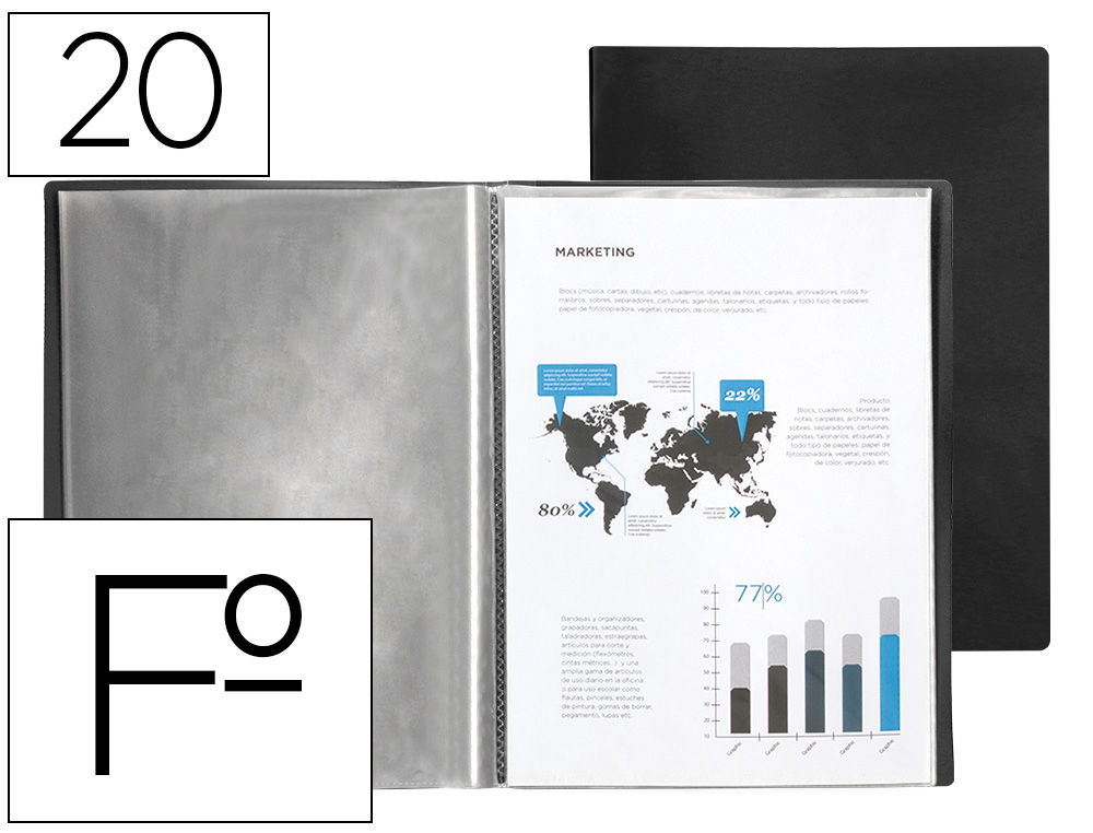 CAPA CATALOGO LIDERPAPEL COM ESPIRAL 20 BOLSAS POLIPROPILENO FOLIO PRETO