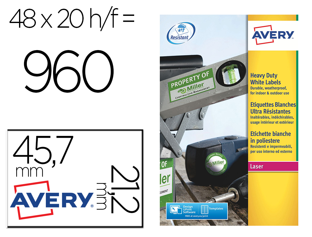 ETIQUETA ADESIVA AVERY POLIESTER PRATA 45,7 X 21,2 MM LASER PACK DE 960 UNIDADES