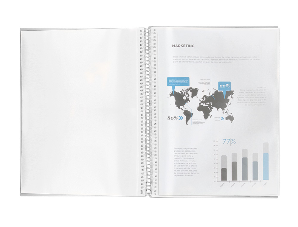 CAPA CATALOGO LIDERPAPEL COM ESPIRAL 80 BOLSAS POLIPROPILENO DIN A4 TRANSPARENTE