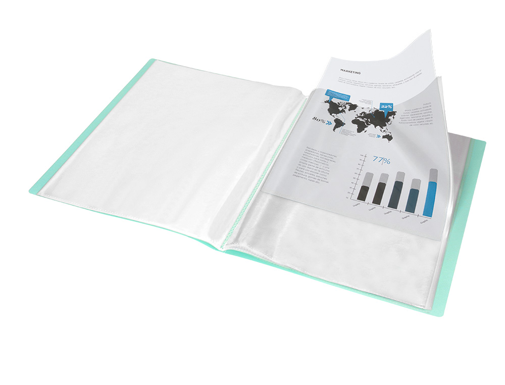 CAPA CATALOGO LIDERPAPEL 20 BOLSAS POLIPROPILENO DIN A4 VERDE MACA OPACO