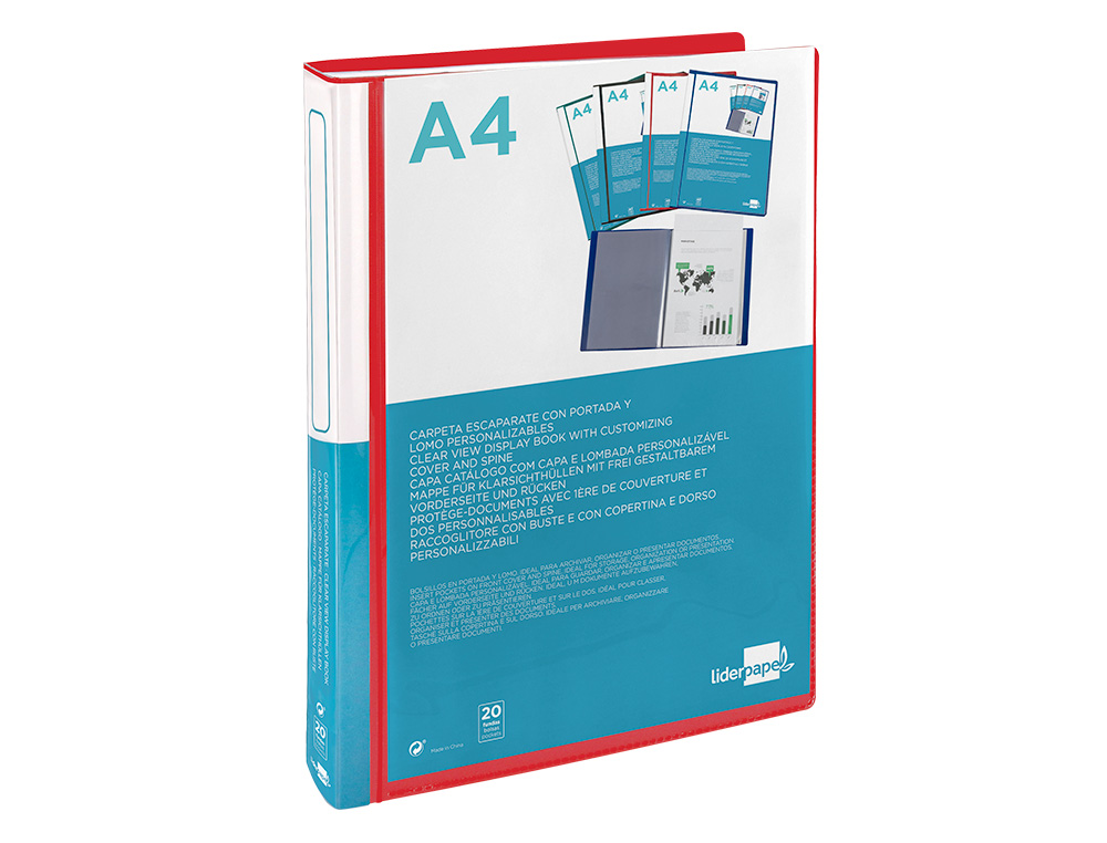 CAPA CATALOGO LIDERPAPEL 20 BOLSAS DIN A4 VERMELHO TRANSLUCIDO