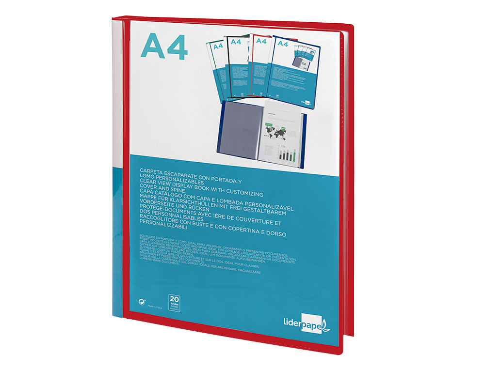CAPA CATALOGO LIDERPAPEL 20 BOLSAS DIN A4 VERMELHO TRANSLUCIDO