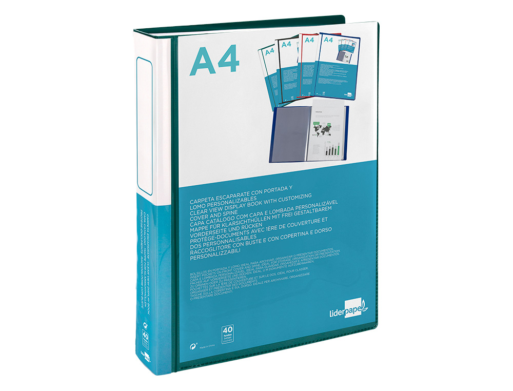 CAPA CATALOGO LIDERPAPEL 40 BOLSAS DIN A4 VERDE TRANSLUCIDO