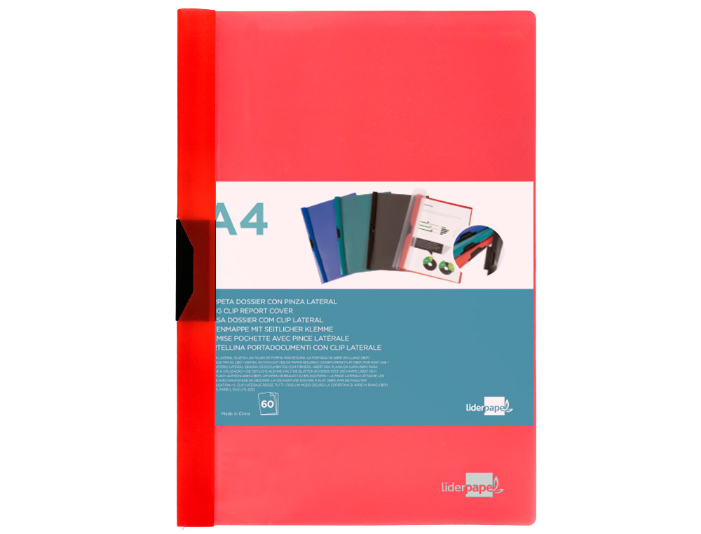BOLSA DOSSIER LIDERPAPEL COM CLIP LATERAL DIN A4 VERMELHO TRANSLUCIDO 60 FOLHAS