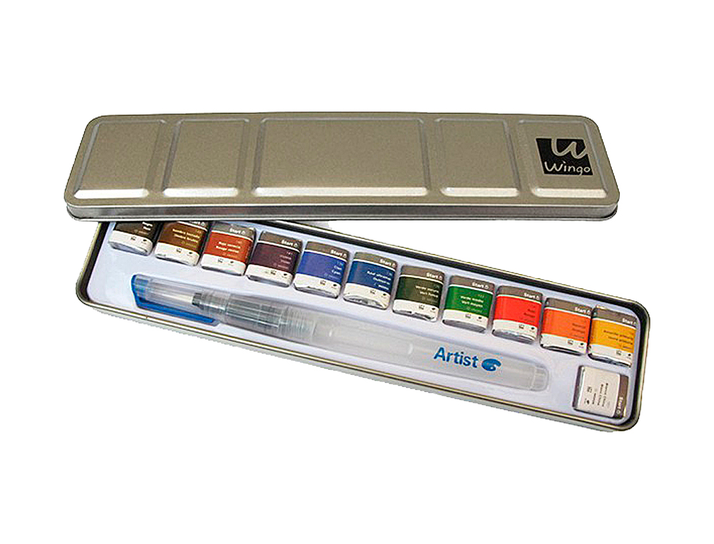 AGUARELA ARTIST START CAIXA METAL 12 CORES SORTIDAS + PINCEL RECARREGAVEL