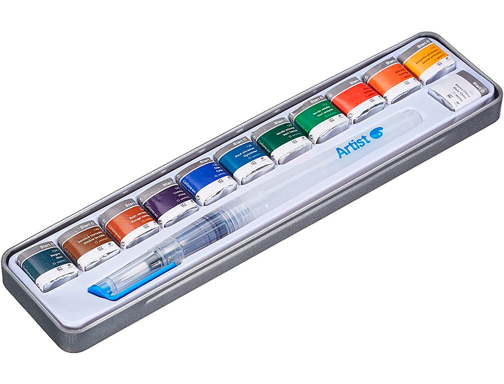 AGUARELA ARTIST START CAIXA METAL 12 CORES SORTIDAS + PINCEL RECARREGAVEL