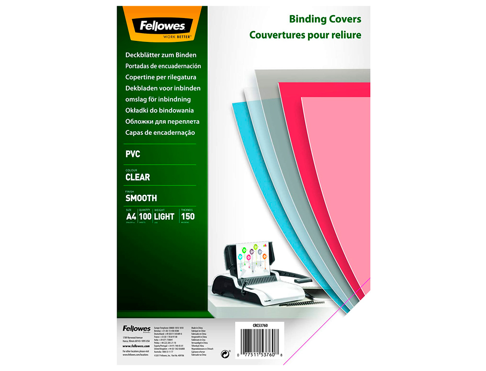 CAPA DE ENCADERNACAO FELLOWES PVC DIN A4 TRANSPARENTE 150 MICRONS PACK DE 100 UNIDADES