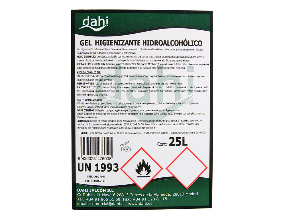 GEL HIDROALCOOLICO DAHI HIGIENIZANTE PARA MAOS GARRAFA DE 25 LITROS