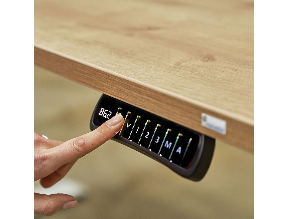 MESA ROCADA REGULAVEL EM ALTURA ELECTRICAMENTE ATE 129 CM ESTRUTURA DE ACO NO TAMPO 180 CM COR CINZA
