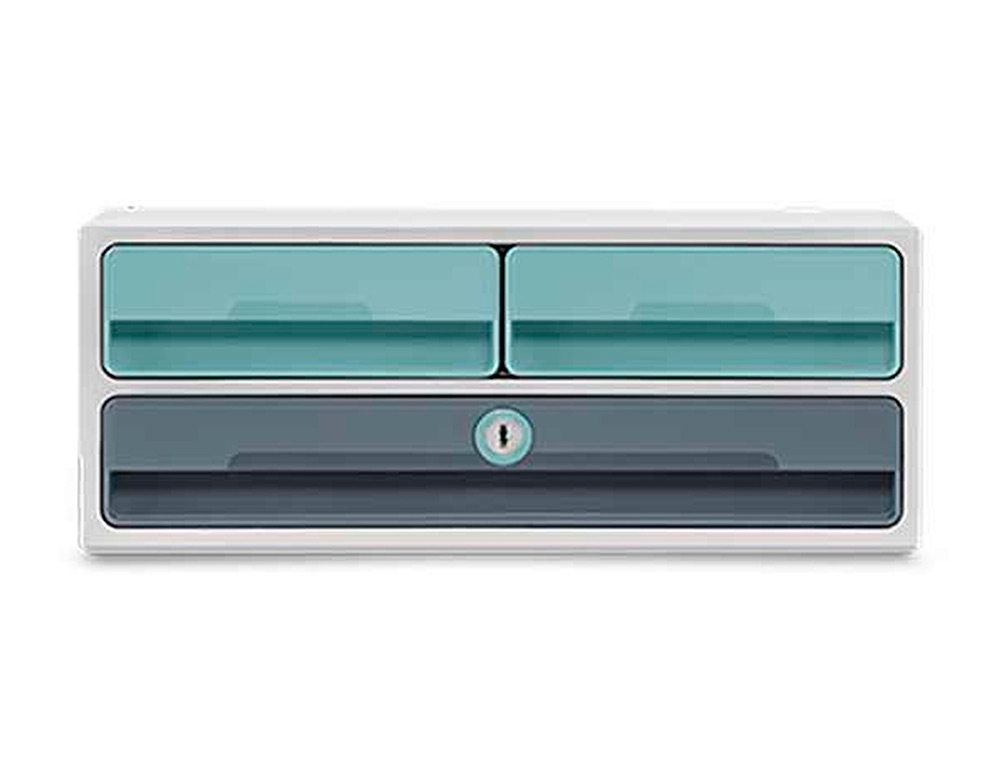 BLOCO CLASSIFICADOR DE GAVETAS CEP MOOV UP RECICLADO 80% COM FECHADURA 3 GAVETAS COR AZUL/CINZA 275X369X146 MM