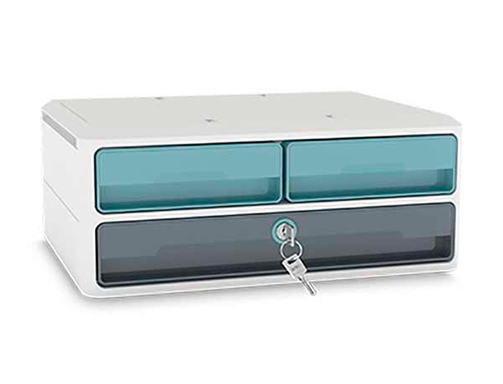 BLOCO CLASSIFICADOR DE GAVETAS CEP MOOV UP RECICLADO 80% COM FECHADURA 3 GAVETAS COR AZUL/CINZA 275X369X146 MM