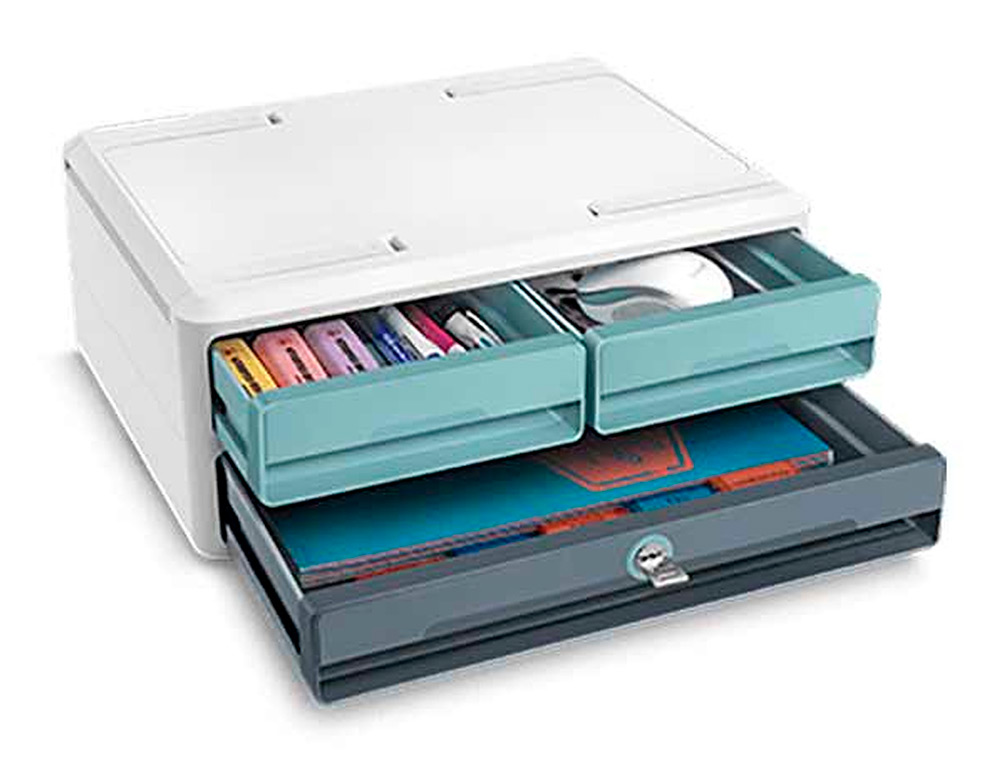 BLOCO CLASSIFICADOR DE GAVETAS CEP MOOV UP RECICLADO 80% COM FECHADURA 3 GAVETAS COR AZUL/CINZA 275X369X146 MM