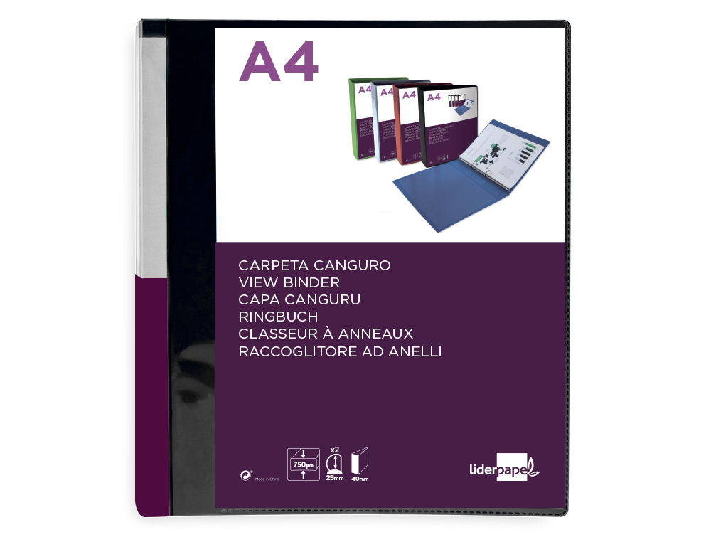PASTA CANGURU LIDERPAPEL POLIPROPILENO DIN A4 2 ANEIS 25 MM MISTOS PRETO OPACO