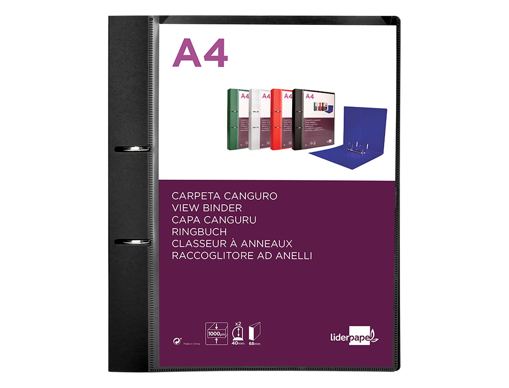 PASTA CANGURU LIDERPAPEL POLIPROPILENO DIN A4 2 ANEIS 40 MM MISTOS PRETO OPACO
