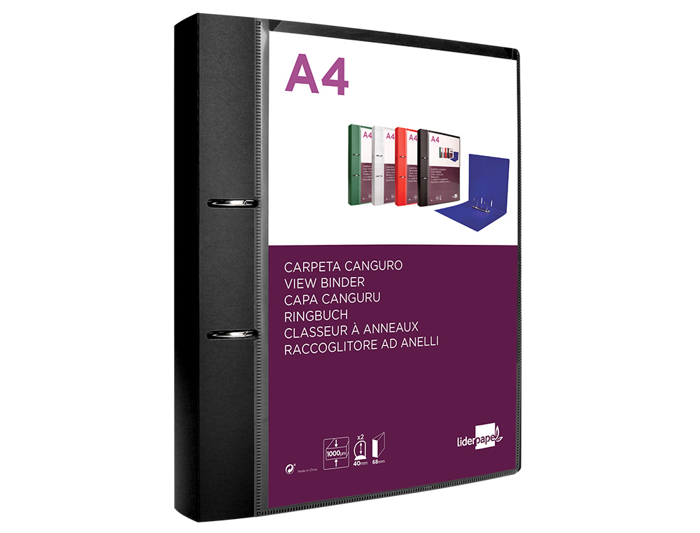 PASTA CANGURU LIDERPAPEL POLIPROPILENO DIN A4 2 ANEIS 40 MM MISTOS PRETO OPACO