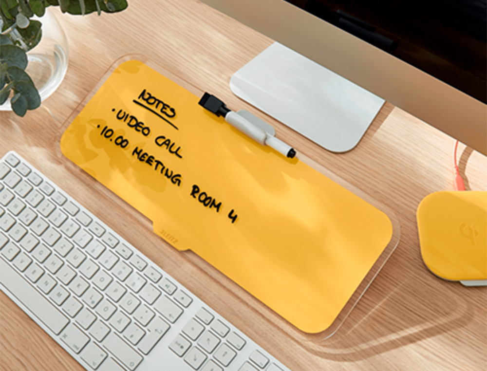 QUADRO BRANCO DE VIDRO PARA SECRETARIA LEITZ COSY COM MARCADOR E APAGADOR COR AMARELO 150X60X380 MM