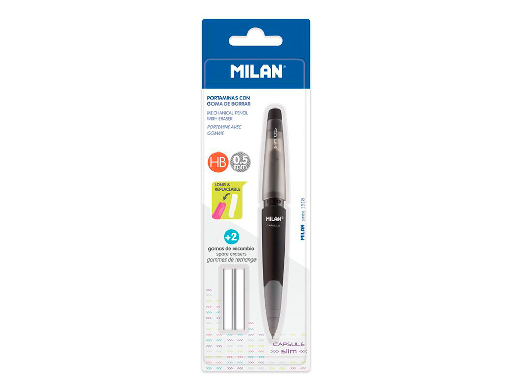 LAPISEIRA MILAN CAPSULE SLIM 0,5 MM + 2 RECARGAS DE BORRACHA EM BLISTER