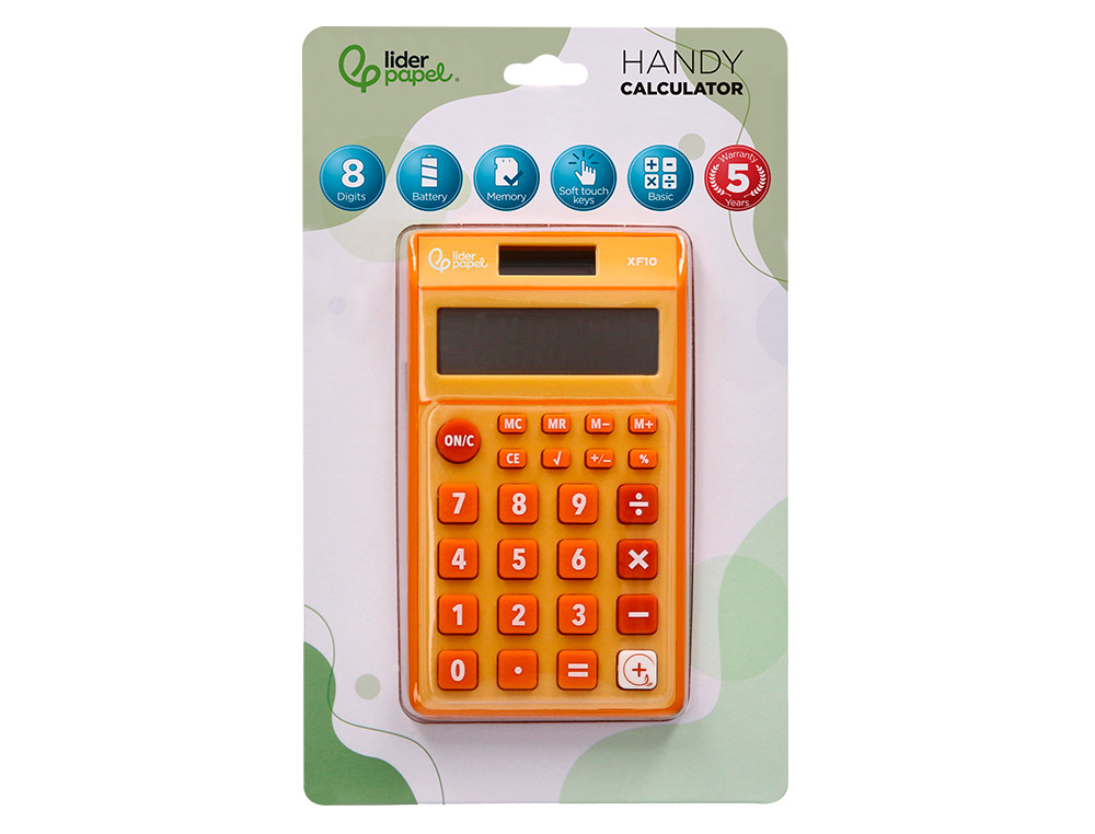 CALCULADORA LIDERPAPEL DE BOLSO XF10 8 DIGITOS SOLAR E PILHAS COR LARANJA 115X65X8 MM