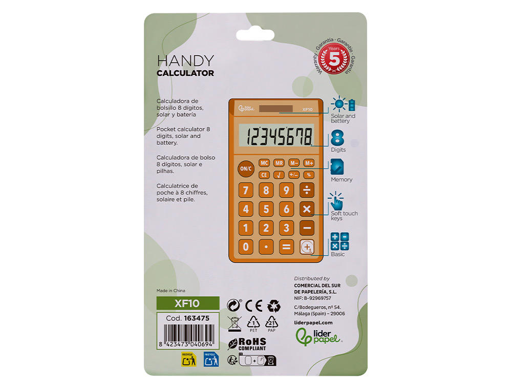 CALCULADORA LIDERPAPEL DE BOLSO XF10 8 DIGITOS SOLAR E PILHAS COR LARANJA 115X65X8 MM