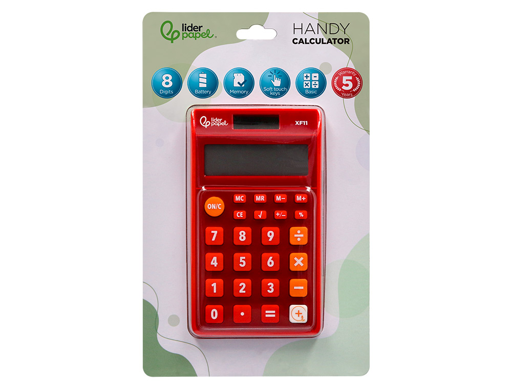 CALCULADORA LIDERPAPEL DE BOLSO XF11 8 DIGITOS SOLAR E PILHAS COR VERMELHO 115X65X8 MM