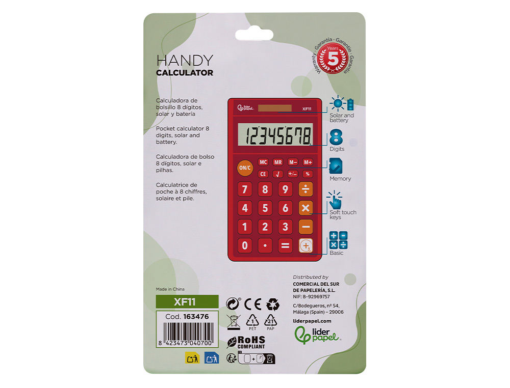 CALCULADORA LIDERPAPEL DE BOLSO XF11 8 DIGITOS SOLAR E PILHAS COR VERMELHO 115X65X8 MM