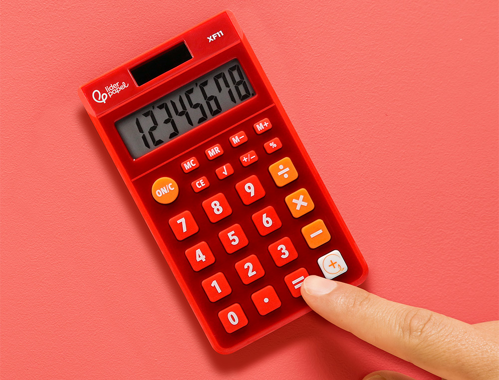 CALCULADORA LIDERPAPEL DE BOLSO XF11 8 DIGITOS SOLAR E PILHAS COR VERMELHO 115X65X8 MM