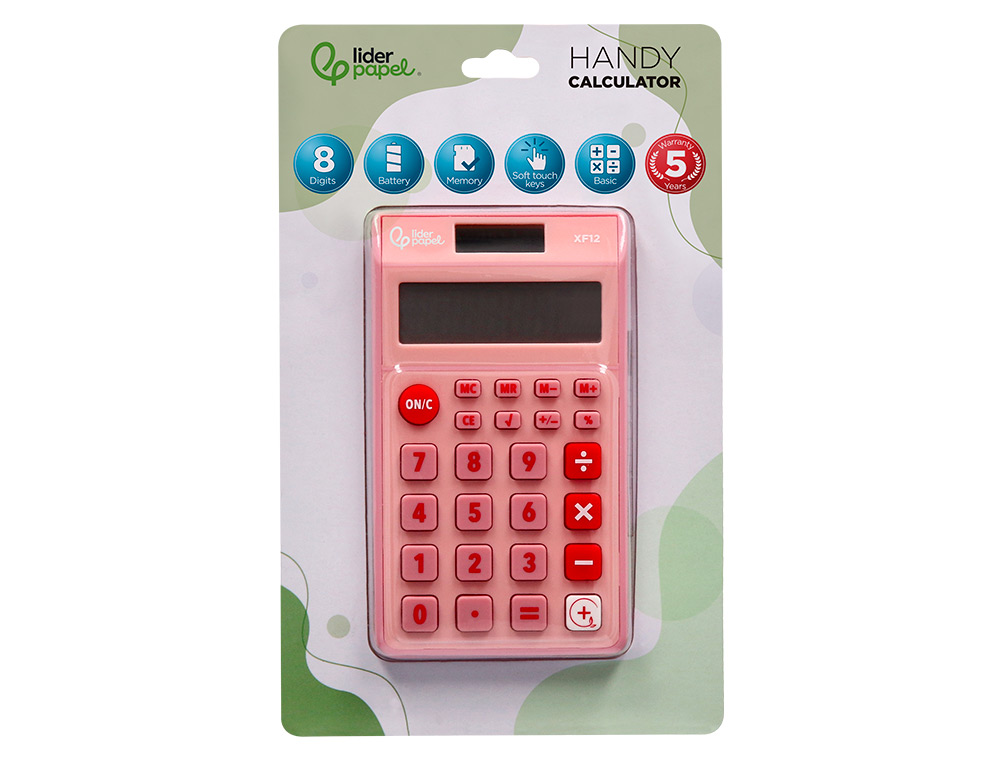 CALCULADORA LIDERPAPEL DE BOLSO XF12 8 DIGITOS SOLAR E PILHAS COR ROSA 115X65X8 MM