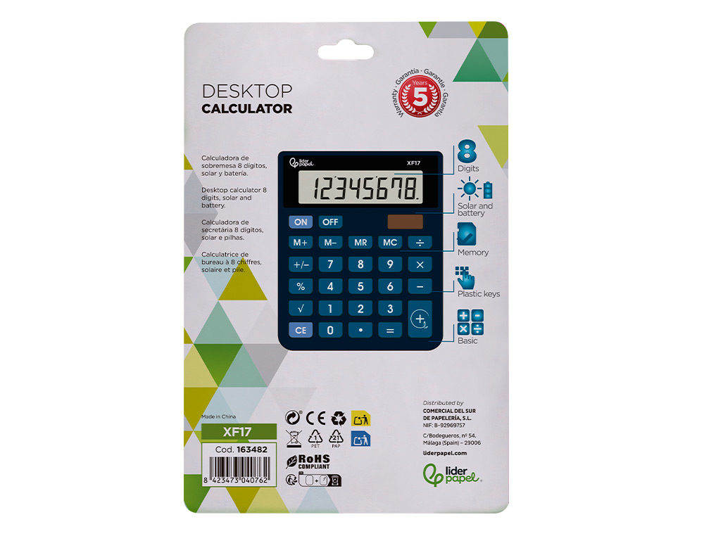 CALCULADORA LIDERPAPEL DE SECRETARIA XF17 8 DIGITOS SOLAR E PILHAS COR AZUL 127X105X24 MM
