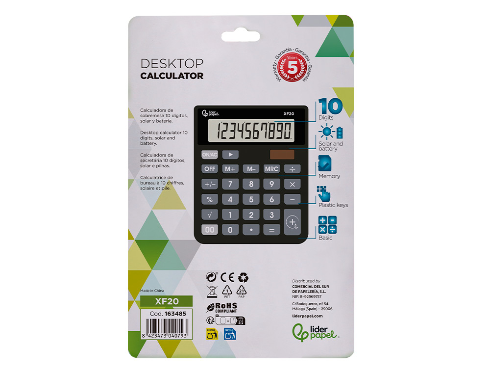 CALCULADORA LIDERPAPEL DE SECRETARIA XF20 10 DIGITOS SOLAR E PILHAS COR PRETO 127X105X24 MM