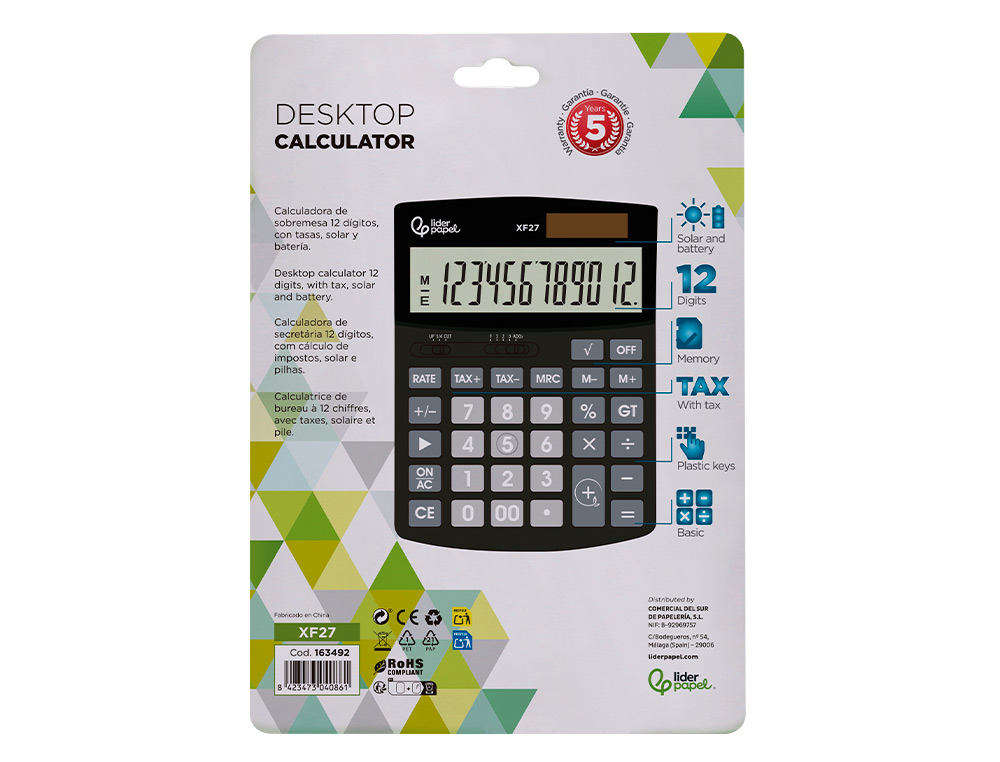 CALCULADORA LIDERPAPEL DE SECRETARIA XF27 12 DIGITOS TAXAS SOLAR E PILHAS COR PRETO 155X115X25 MM