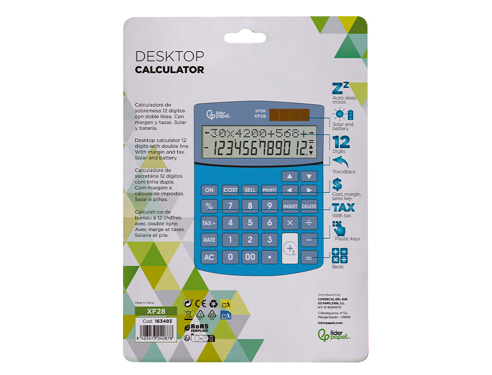 CALCULADORA LIDERPAPEL DE SECRETARIA XF28 12 DIGITOS SOLAR E PILHAS COR AZUL 155X115X25 MM