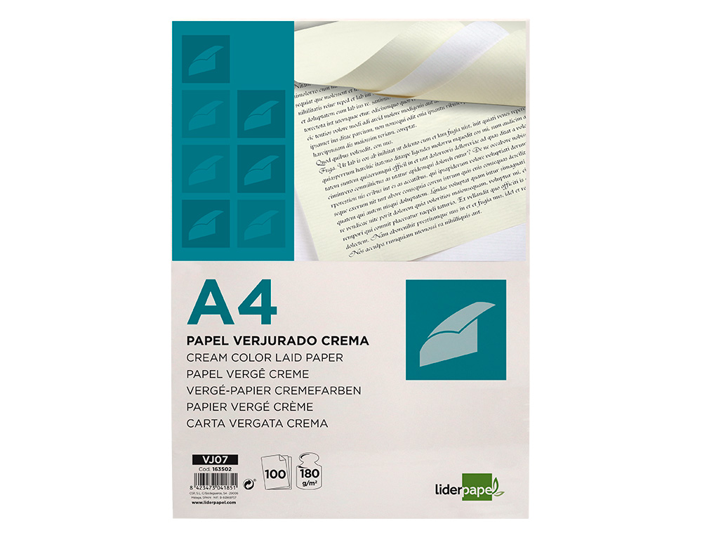 PAPEL VERGE LIDERPAPEL DIN A4 180 GR CREME EMBALAGEM DE 100 FOLHAS