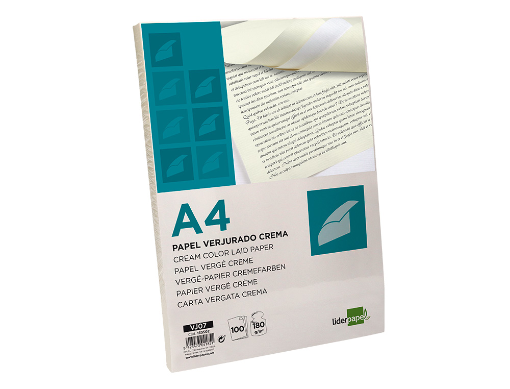 PAPEL VERGE LIDERPAPEL DIN A4 180 GR CREME EMBALAGEM DE 100 FOLHAS