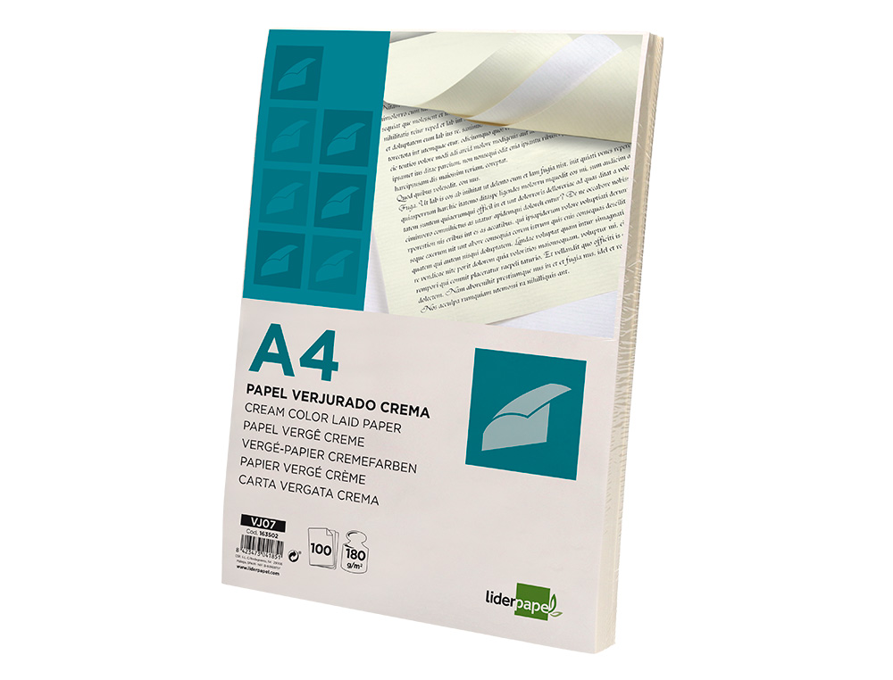 PAPEL VERGE LIDERPAPEL DIN A4 180 GR CREME EMBALAGEM DE 100 FOLHAS