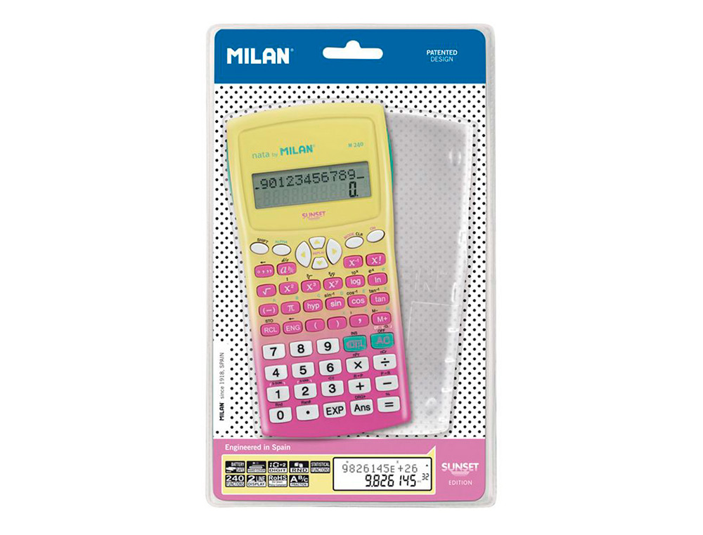 CALCULADORA MILAN CIENTIFICA M240 SUNSET CAPA TRANSLUCIDA 2 LINHAS 240 FUNCOES 10+2 DIGITOS COR ROSA /AMARELO