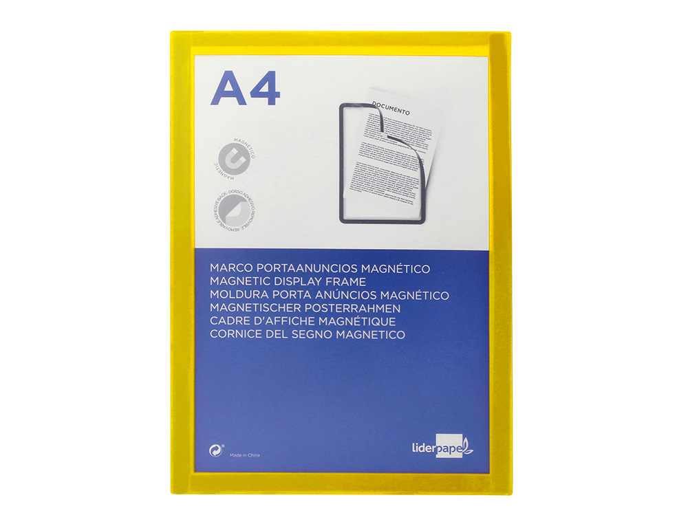 MOLDURA PORTA ANUNCIOS LIDERPAPEL MAGNETICA DIN A4 SUPORTE ADESIVO REMOVIVEL COR AMARELO