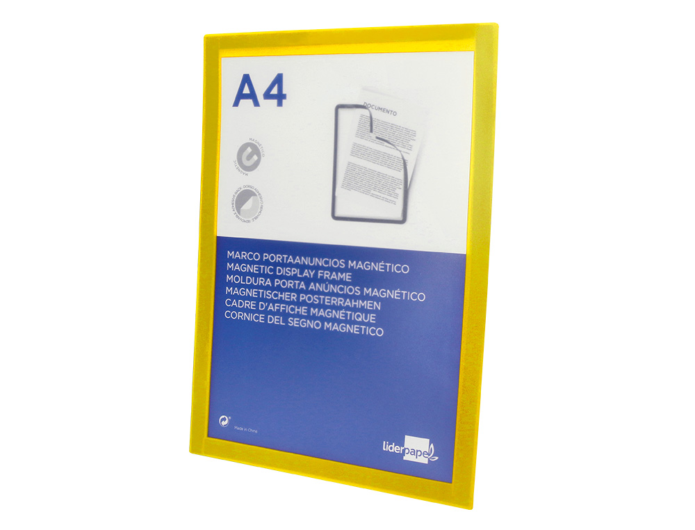 MOLDURA PORTA ANUNCIOS LIDERPAPEL MAGNETICA DIN A4 SUPORTE ADESIVO REMOVIVEL COR AMARELO