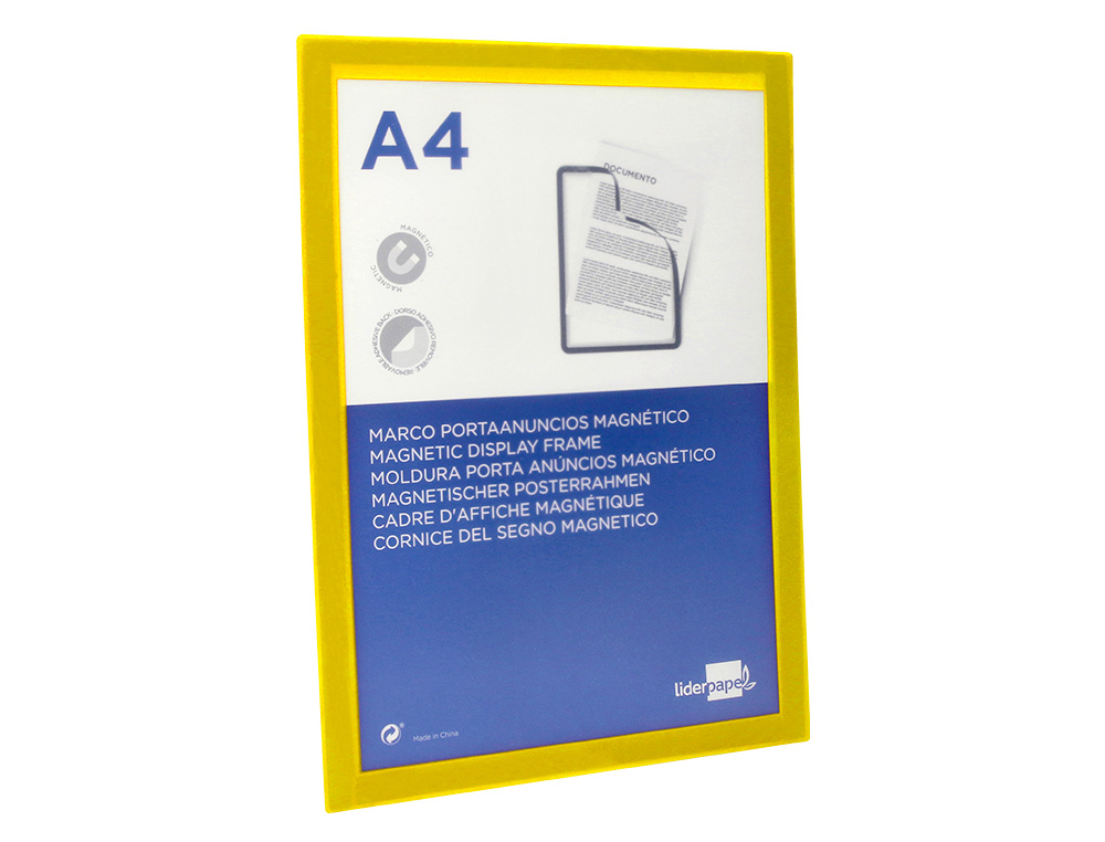MOLDURA PORTA ANUNCIOS LIDERPAPEL MAGNETICA DIN A4 SUPORTE ADESIVO REMOVIVEL COR AMARELO